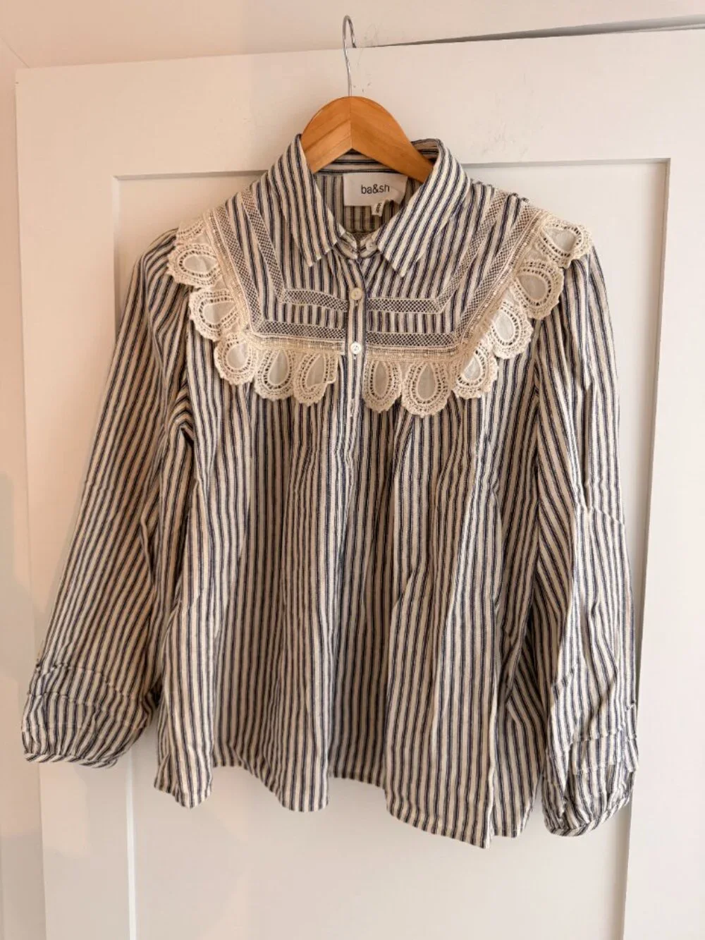 ba&sh Striped Button Down w/Lace, Size: XS - Picture 2 of 4